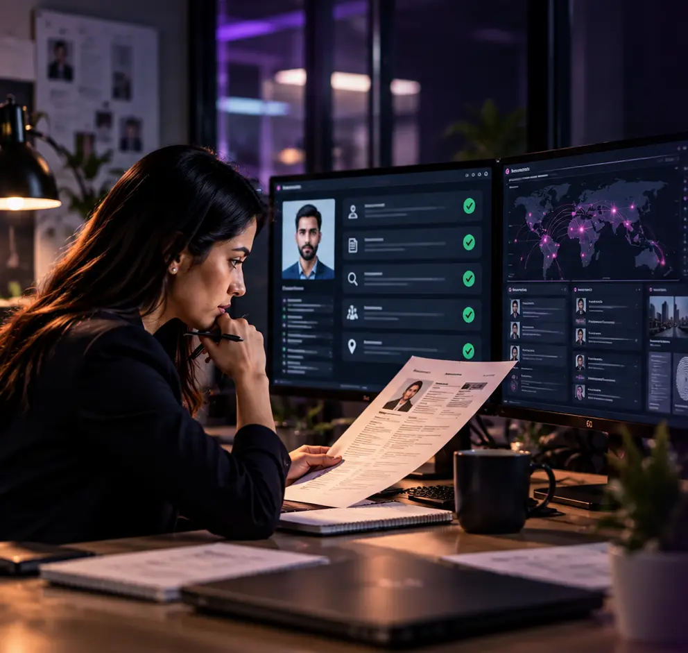 A TrueTrace360 analyst reviewing a report against identity and background verification dashboards