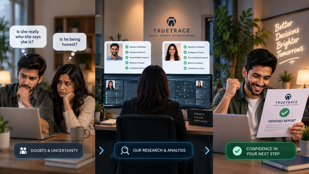 Three stages: a couple uncertain at a laptop, TrueTrace360 analysts running identity and background verification, then a man holding a verified report